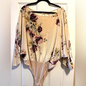 Free People Cream Floral Long Sleeve Velvet Bodysuit